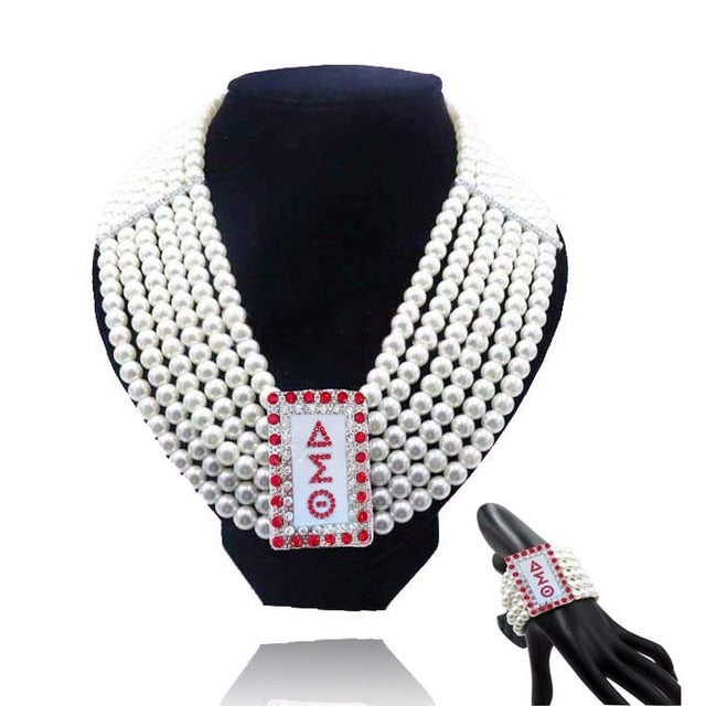 Fashion Pearls Zeta Phi Beta Big Multilayer Statement Choker Necklace Bracelet Jewelry set