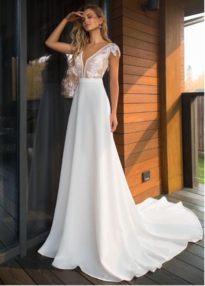 Elegant Satin V-neck A-line Wedding Dresses 2021 Boho Bridal Gowns Backless Wedding Dress