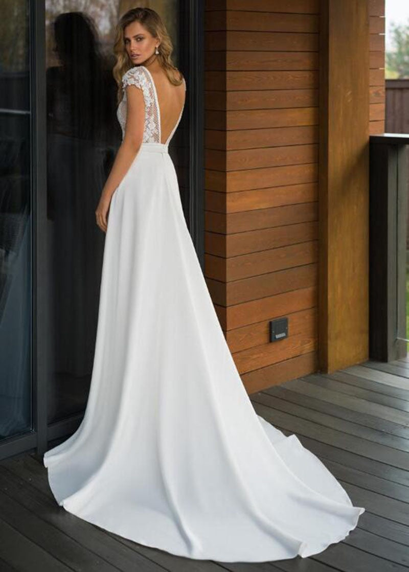 Elegant Satin V-neck A-line Wedding Dresses 2021 Boho Bridal Gowns Backless Wedding Dress
