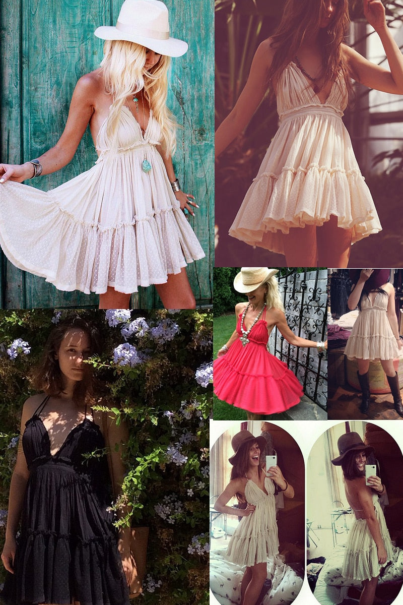 Strapless Women Summer Solid Boho Dress Backless Mini Dresses Girls Bohemian Aline Beach Dress