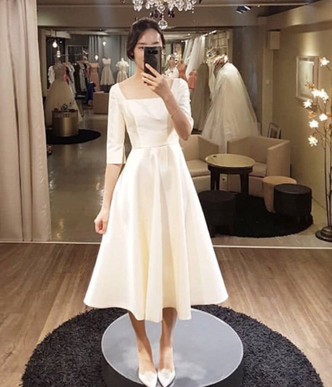 Simple Half Sleeves Short Wedding Dress Mid-Calf Satin Party Gowns Square Collar Neck