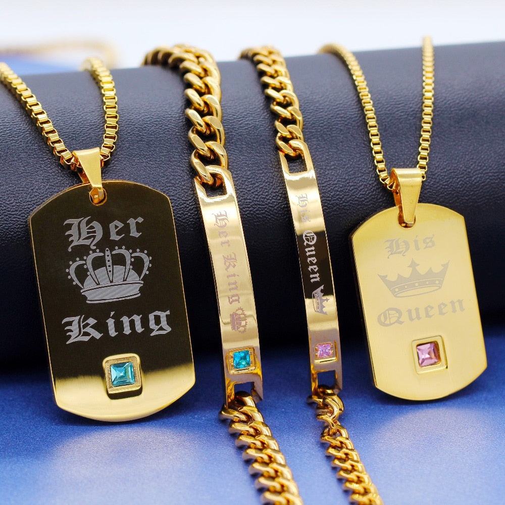 Trendy Gold Color His Queen Her King Titanium Necklaces & Bracelets Matching Couples Cuban Link Chain Jewelry Set