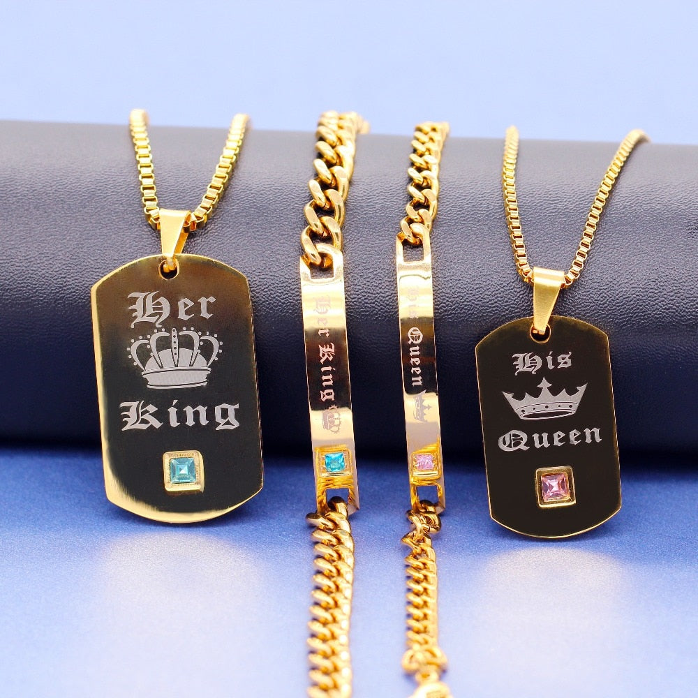 Trendy Gold Color His Queen Her King Titanium Necklaces & Bracelets Matching Couples Cuban Link Chain Jewelry Set