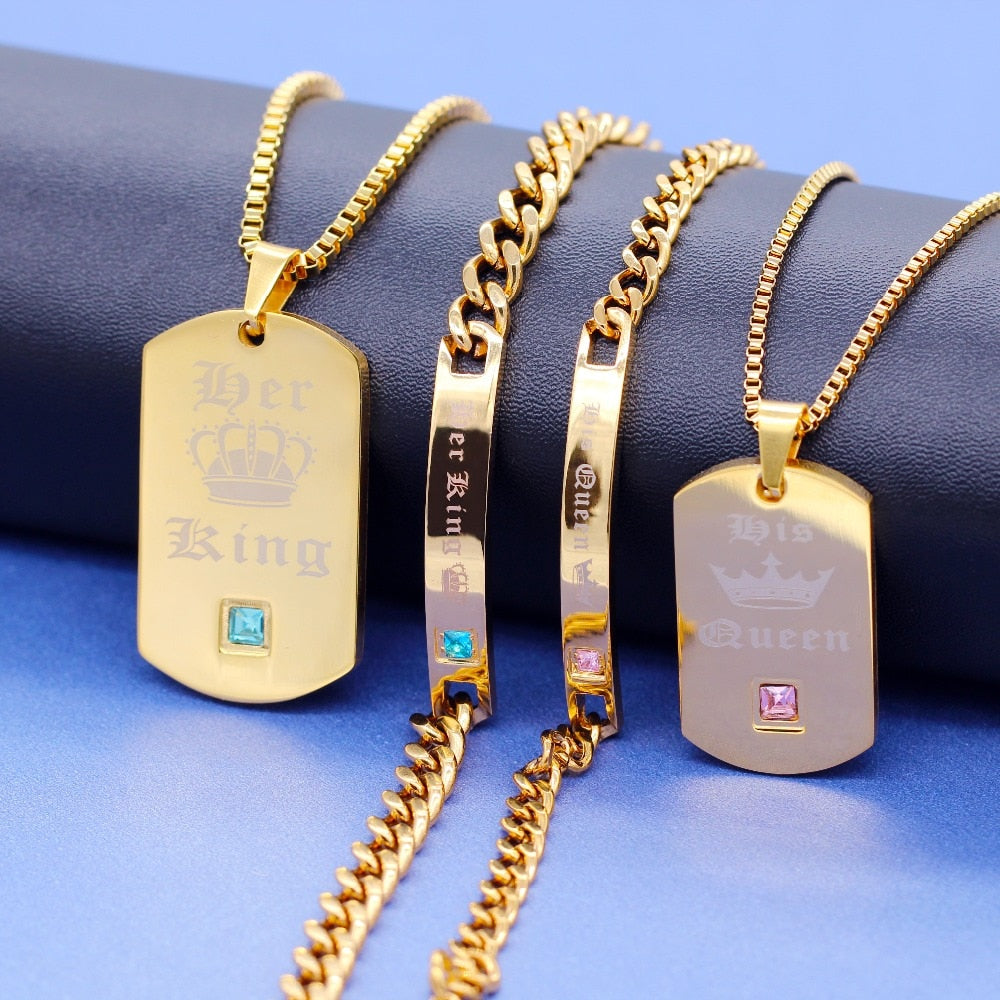 Trendy Gold Color His Queen Her King Titanium Necklaces & Bracelets Matching Couples Cuban Link Chain Jewelry Set