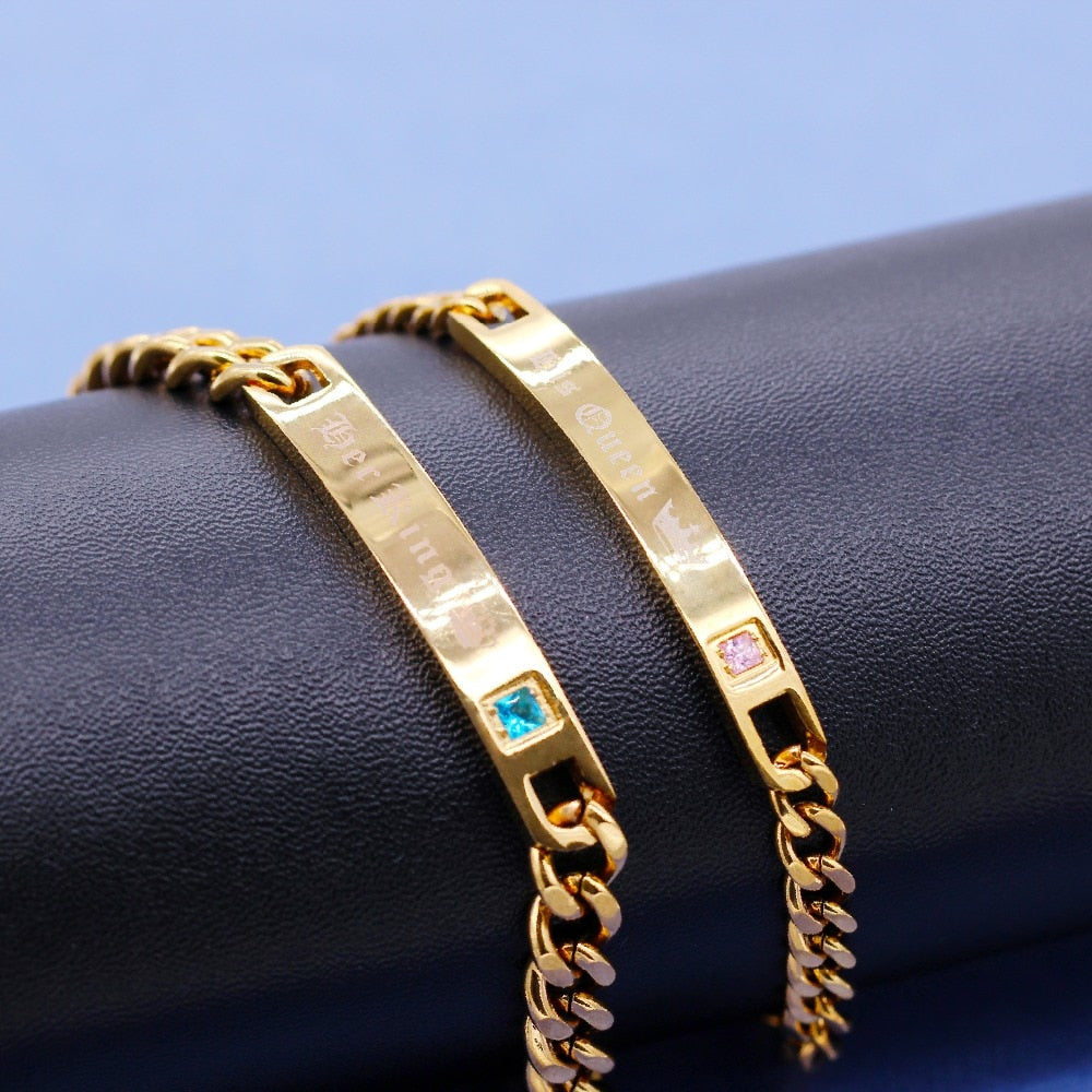 Trendy Gold Color His Queen Her King Titanium Necklaces & Bracelets Matching Couples Cuban Link Chain Jewelry Set