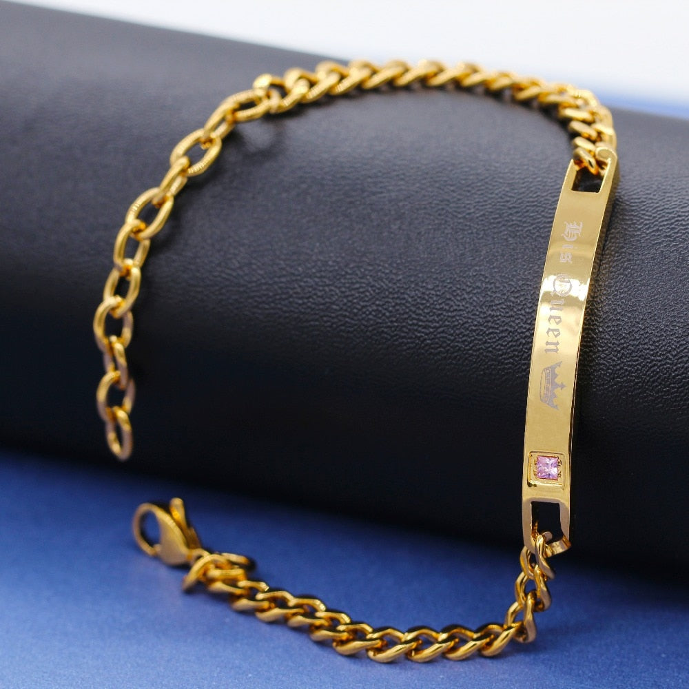 Trendy Gold Color His Queen Her King Titanium Necklaces & Bracelets Matching Couples Cuban Link Chain Jewelry Set