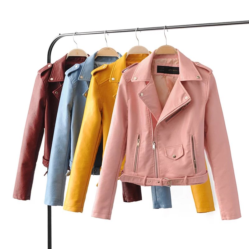 Women Faux Soft Leather Jacket Long Sleeve Pink Biker Coat Zipper Design Motorcycle PU Red Jacket