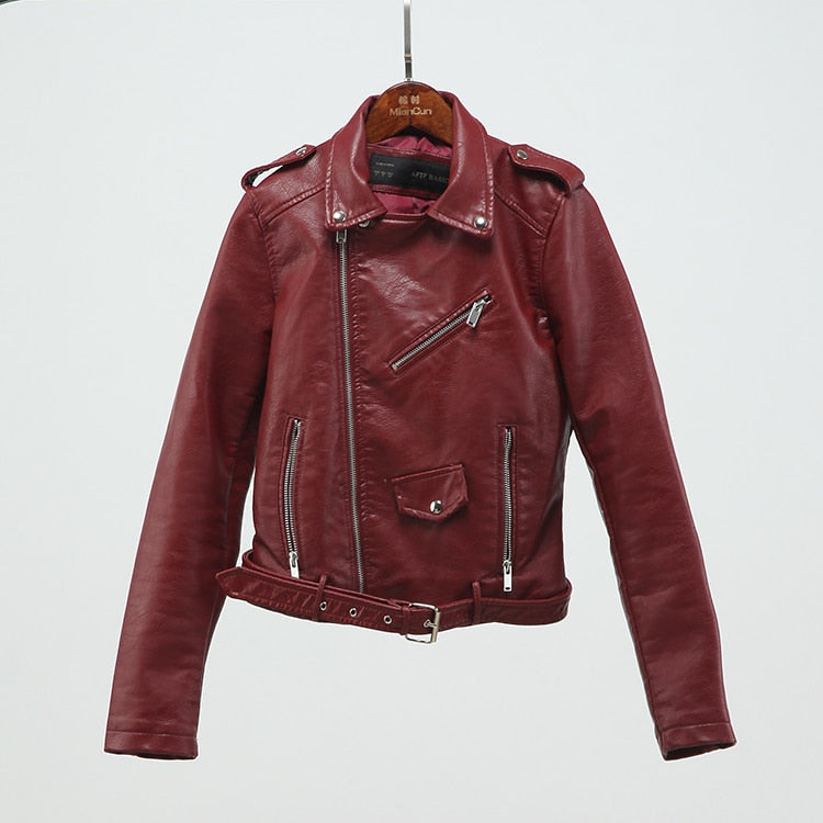 Women Faux Soft Leather Jacket Long Sleeve Pink Biker Coat Zipper Design Motorcycle PU Red Jacket