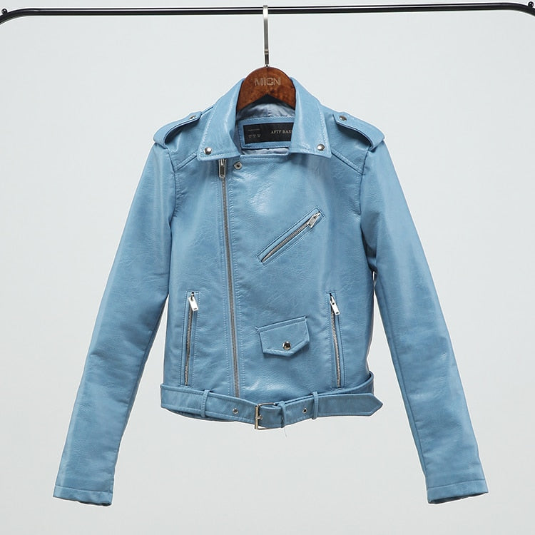 Women Faux Soft Leather Jacket Long Sleeve Pink Biker Coat Zipper Design Motorcycle PU Red Jacket