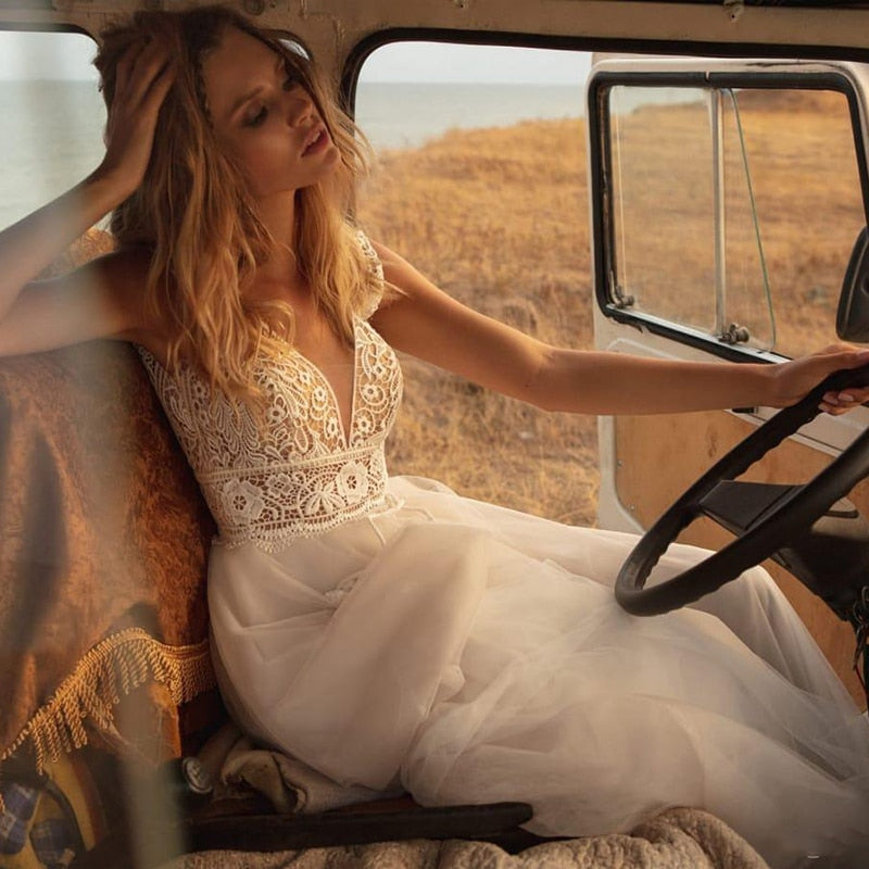 Beautiful Wedding Dresses V Neck A Line Lace Appliques Beach vintage Bridal Gowns Custom Bohemian Wedding Dress