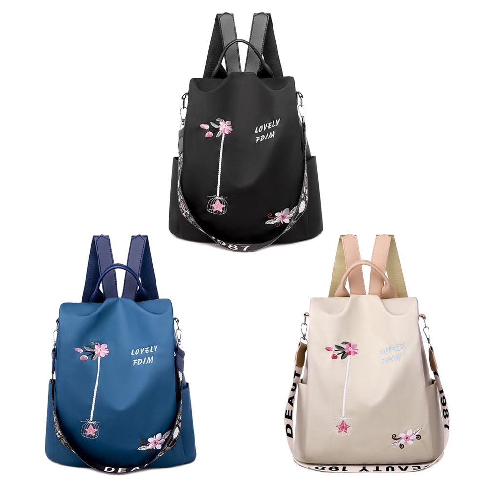 Cute Fashion Embroidered Casual Oxford Trendy Oxford Cloth Backpack Shoulder School Book Bags Women Daily Travel Anti-Theft Rucksack