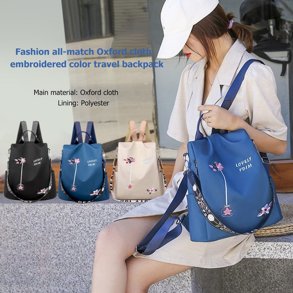 Cute Fashion Embroidered Casual Oxford Trendy Oxford Cloth Backpack Shoulder School Book Bags Women Daily Travel Anti-Theft Rucksack