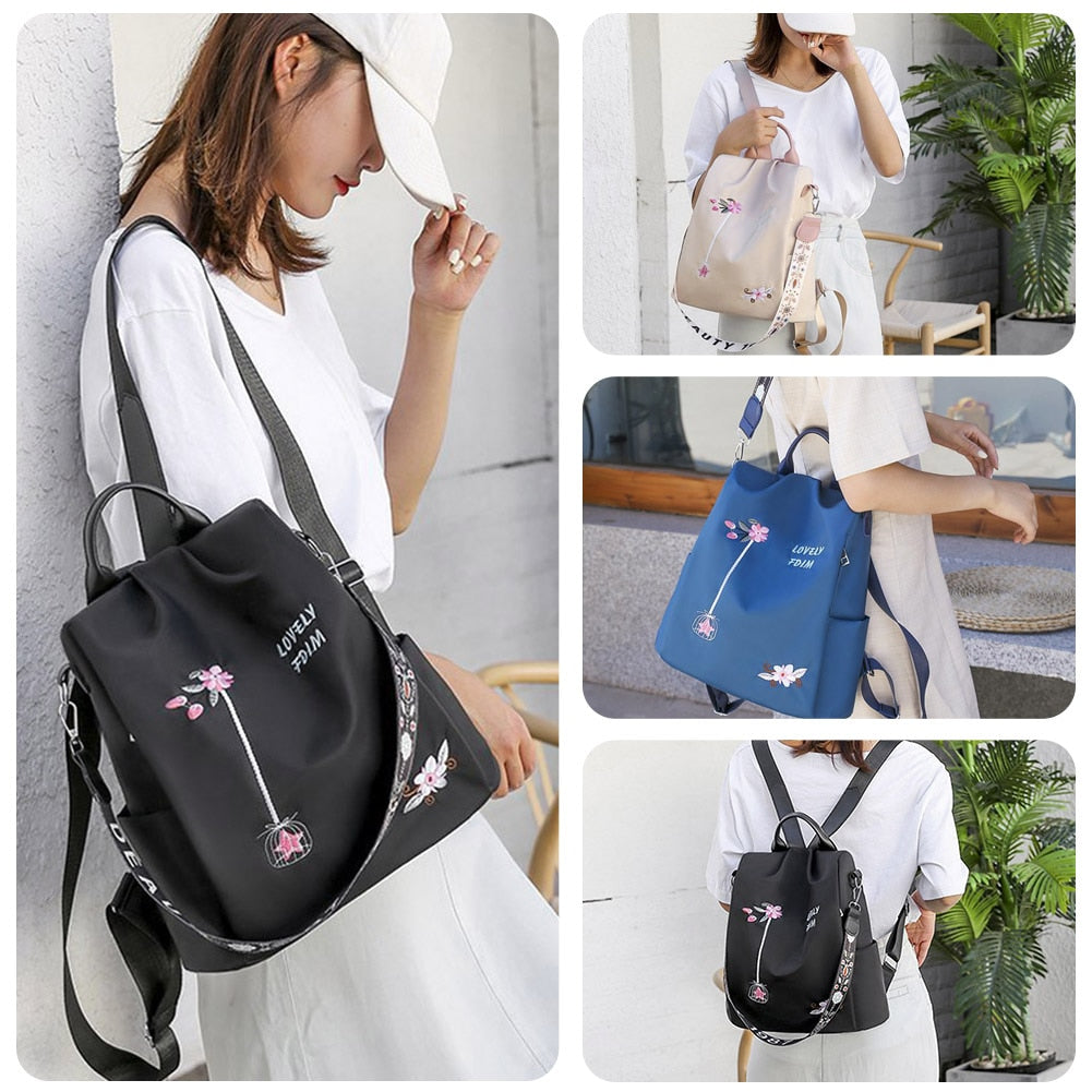 Cute Fashion Embroidered Casual Oxford Trendy Oxford Cloth Backpack Shoulder School Book Bags Women Daily Travel Anti-Theft Rucksack