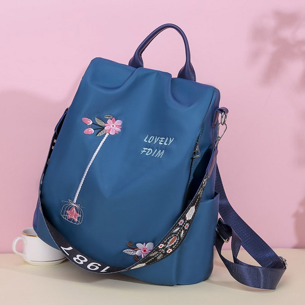 Cute Fashion Embroidered Casual Oxford Trendy Oxford Cloth Backpack Shoulder School Book Bags Women Daily Travel Anti-Theft Rucksack
