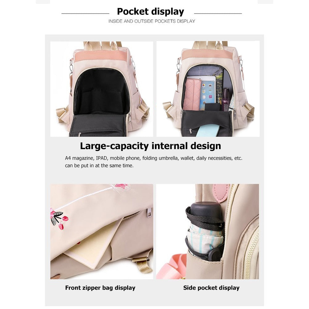 Cute Fashion Embroidered Casual Oxford Trendy Oxford Cloth Backpack Shoulder School Book Bags Women Daily Travel Anti-Theft Rucksack