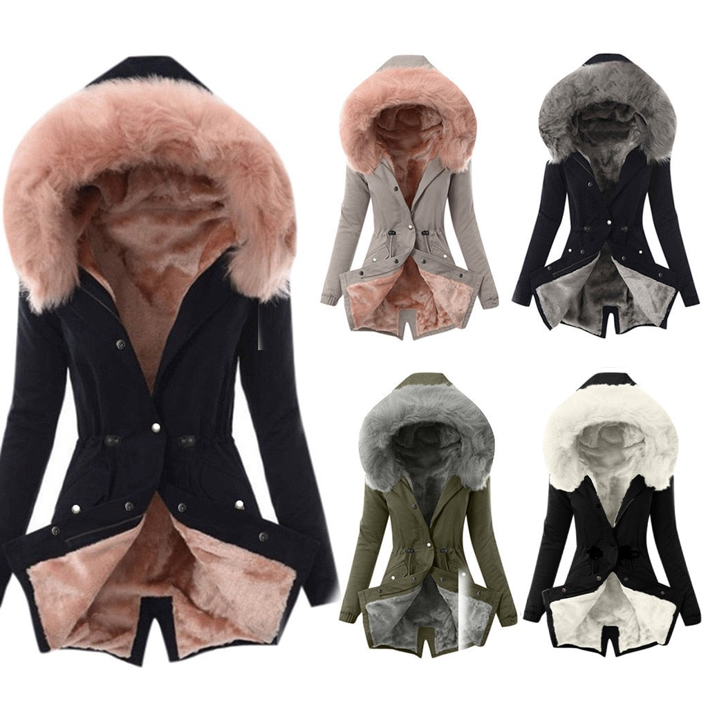 Hot and Beautiful Warm New coat women Ladies Fur Lining Coat Winter Warm Thick Long Jacket Hooded Overcoat