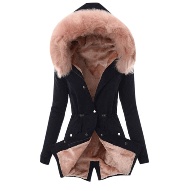 Hot and Beautiful Warm New coat women Ladies Fur Lining Coat Winter Warm Thick Long Jacket Hooded Overcoat
