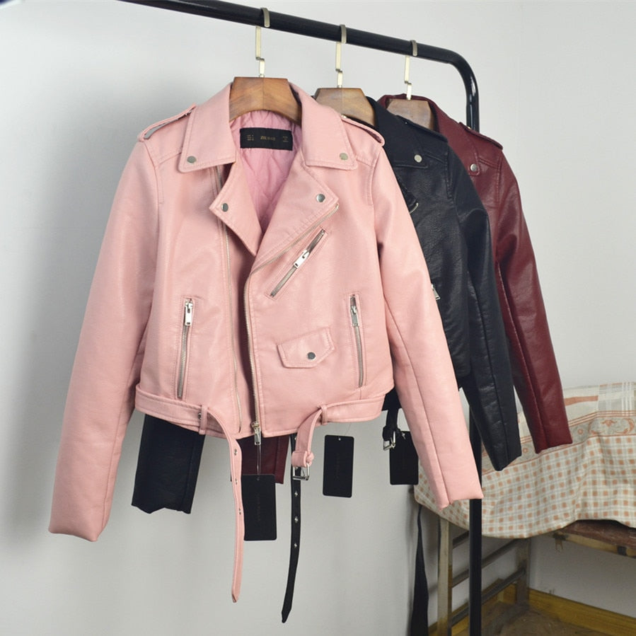 Women Faux Soft Leather Jacket Long Sleeve Pink Biker Coat Zipper Design Motorcycle PU Red Jacket