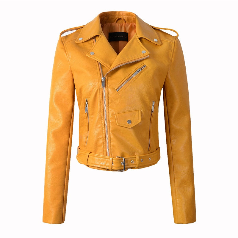 Women Faux Soft Leather Jacket Long Sleeve Pink Biker Coat Zipper Design Motorcycle PU Red Jacket