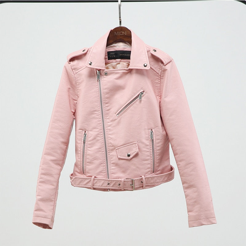 Women Faux Soft Leather Jacket Long Sleeve Pink Biker Coat Zipper Design Motorcycle PU Red Jacket