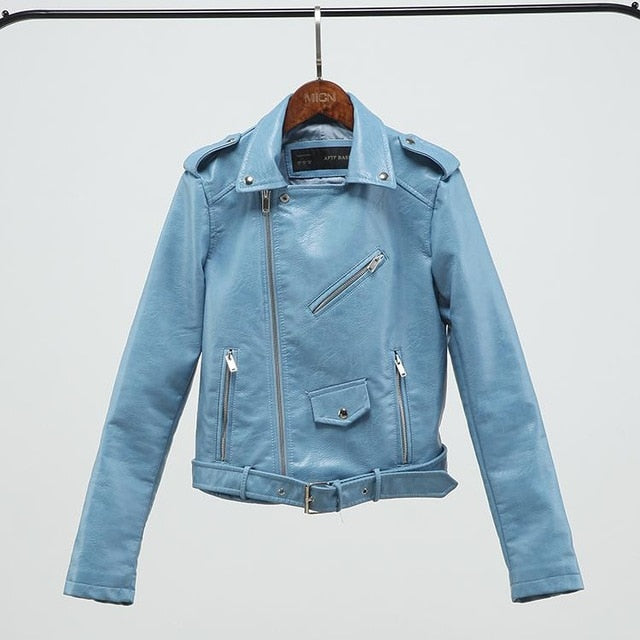 Women Faux Soft Leather Jacket Long Sleeve Pink Biker Coat Zipper Design Motorcycle PU Red Jacket