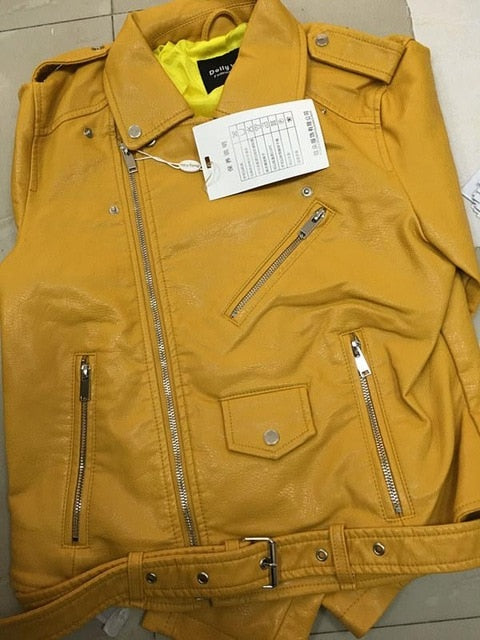 Women Faux Soft Leather Jacket Long Sleeve Pink Biker Coat Zipper Design Motorcycle PU Red Jacket