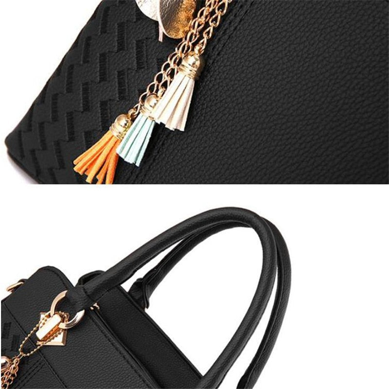Fashion Women Handbags PU Leather Tassel Totes Bag Top-Handle Embroidery Crossbody Bag Shoulder Bag Lady Simple Hand Bags