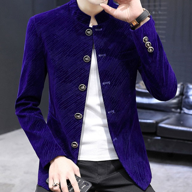 Men Velvet Tunic Suit Jacket Mandarin Stand Collar Striped Casual Blazers 2021 New Slim Fit Male Coat Outerwear