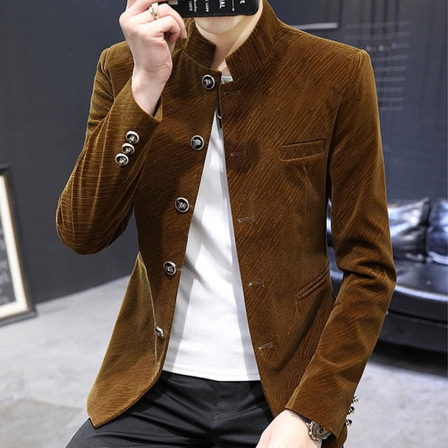 Men Velvet Tunic Suit Jacket Mandarin Stand Collar Striped Casual Blazers 2021 New Slim Fit Male Coat Outerwear