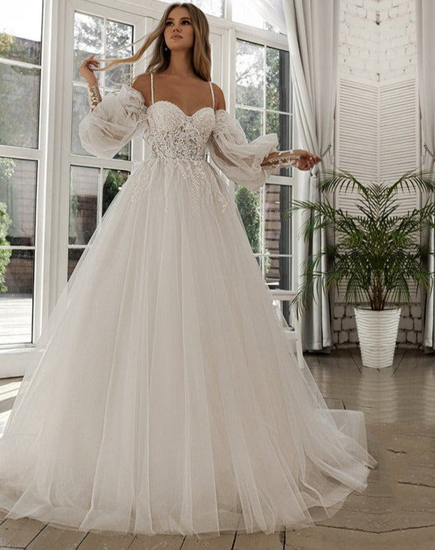 Princess Wedding Dresses Sweetheart Appliques Lace Off the Shoulder Puff Sleeves Wedding Bridal Gown