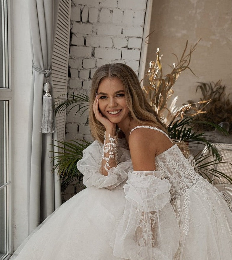 Princess Wedding Dresses Sweetheart Appliques Lace Off the Shoulder Puff Sleeves Wedding Bridal Gown