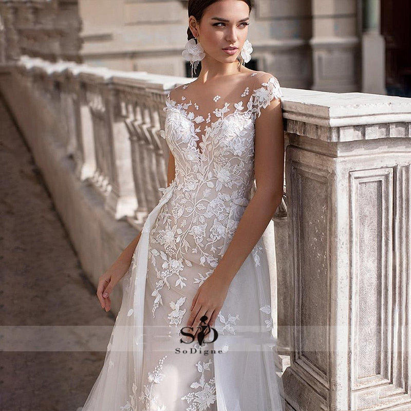 Wedding Dress 2021 Short Sleeves Appliques Mermaid Bridal Dress With Detachable Train Over skirt Lace Wedding Gowns