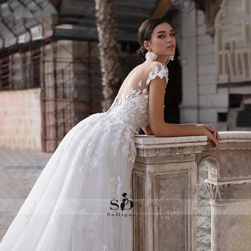 Wedding Dress 2021 Short Sleeves Appliques Mermaid Bridal Dress With Detachable Train Over skirt Lace Wedding Gowns