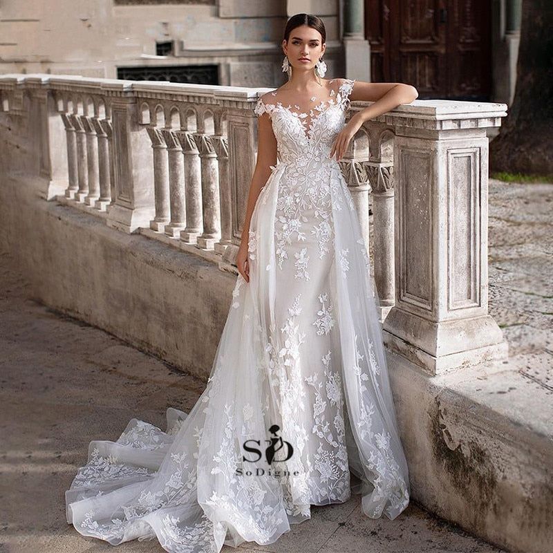 Wedding Dress 2021 Short Sleeves Appliques Mermaid Bridal Dress With Detachable Train Over skirt Lace Wedding Gowns
