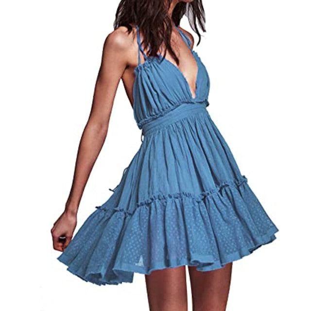 Strapless Women Summer Solid Boho Dress Backless Mini Dresses Girls Bohemian Aline Beach Dress