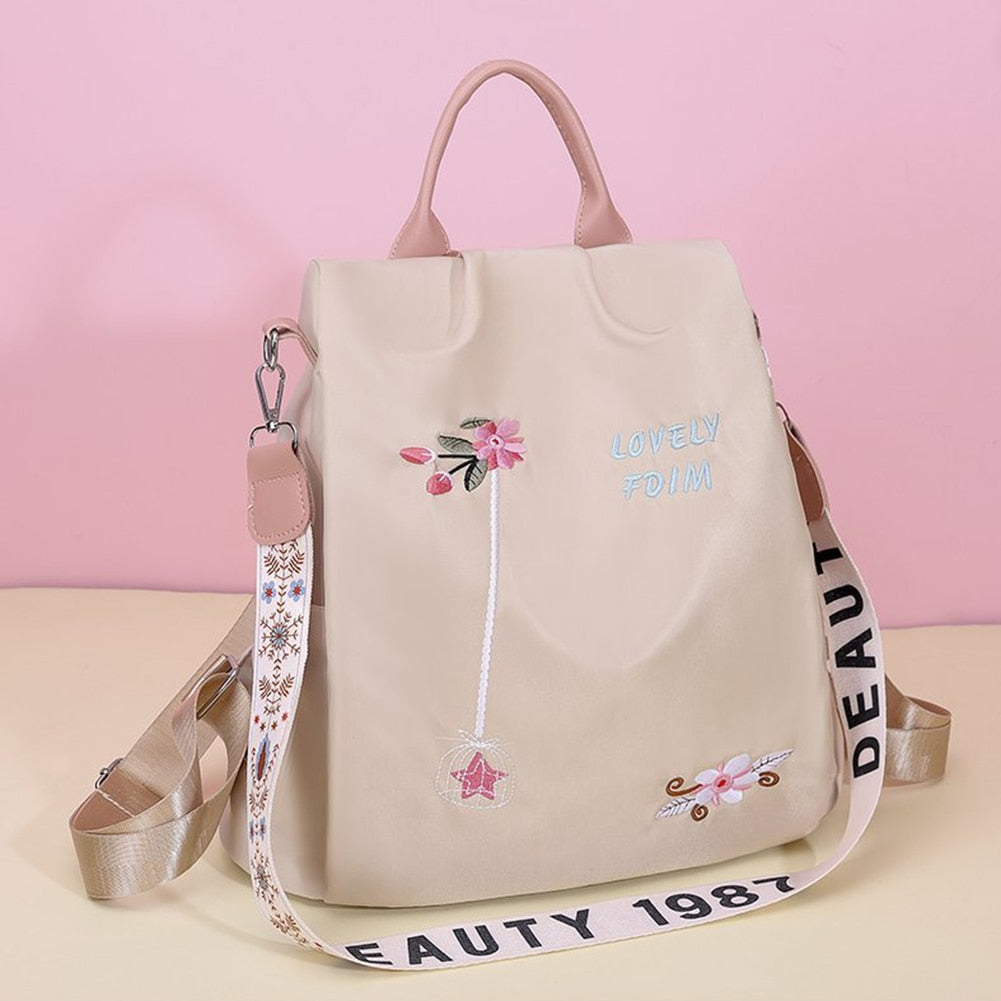 Cute Fashion Embroidered Casual Oxford Trendy Oxford Cloth Backpack Shoulder School Book Bags Women Daily Travel Anti-Theft Rucksack