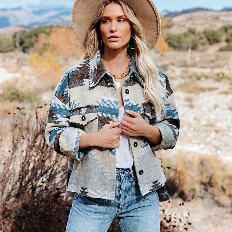 Beautiful Vintage Jacket Women Splicing Loose Jacket Denim Print Aztec Retro Ethnic Style Long Sleeved Shirt Streetwear Female Goth Coat