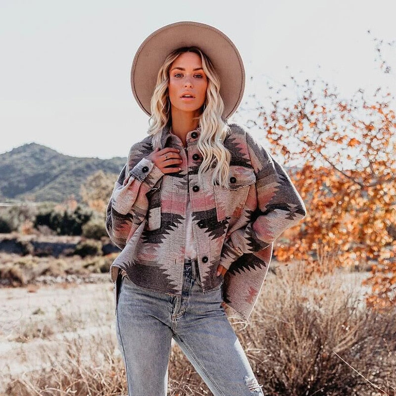 Beautiful Vintage Jacket Women Splicing Loose Jacket Denim Print Aztec Retro Ethnic Style Long Sleeved Shirt Streetwear Female Goth Coat