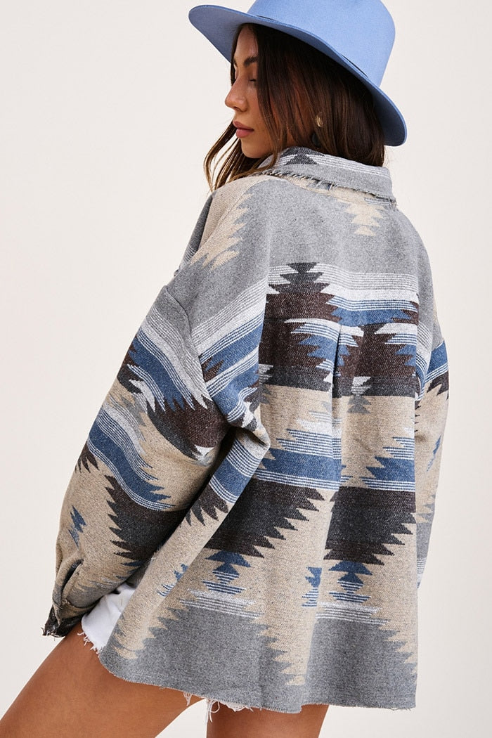 Beautiful Vintage Jacket Women Splicing Loose Jacket Denim Print Aztec Retro Ethnic Style Long Sleeved Shirt Streetwear Female Goth Coat