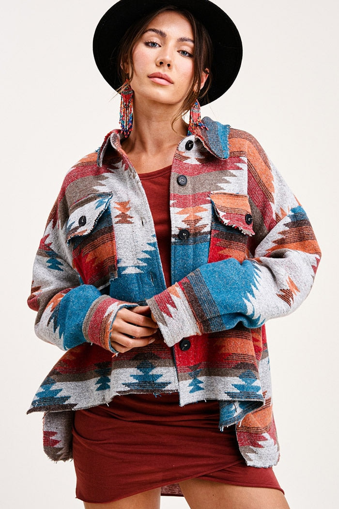 Beautiful Vintage Jacket Women Splicing Loose Jacket Denim Print Aztec Retro Ethnic Style Long Sleeved Shirt Streetwear Female Goth Coat