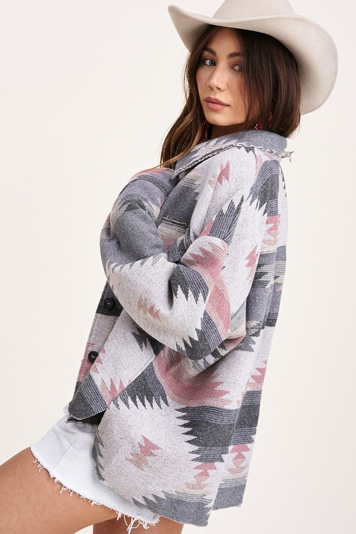Beautiful Vintage Jacket Women Splicing Loose Jacket Denim Print Aztec Retro Ethnic Style Long Sleeved Shirt Streetwear Female Goth Coat