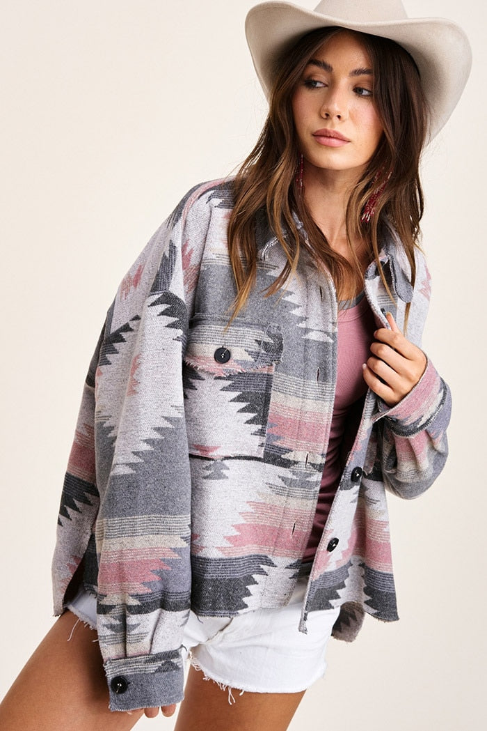 Beautiful Vintage Jacket Women Splicing Loose Jacket Denim Print Aztec Retro Ethnic Style Long Sleeved Shirt Streetwear Female Goth Coat
