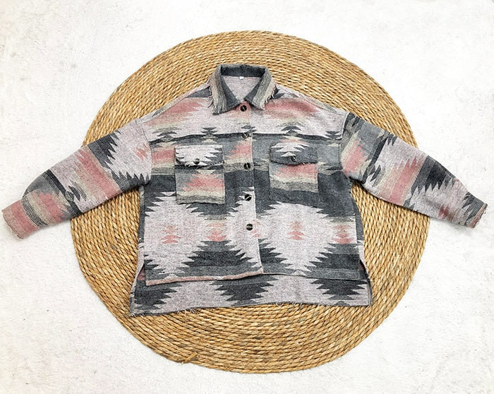 Beautiful Vintage Jacket Women Splicing Loose Jacket Denim Print Aztec Retro Ethnic Style Long Sleeved Shirt Streetwear Female Goth Coat