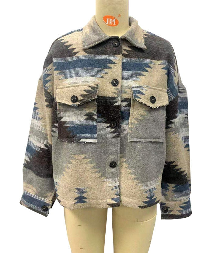 Beautiful Vintage Jacket Women Splicing Loose Jacket Denim Print Aztec Retro Ethnic Style Long Sleeved Shirt Streetwear Female Goth Coat