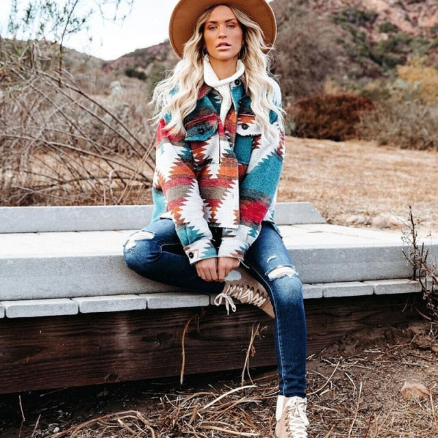 Beautiful Vintage Jacket Women Splicing Loose Jacket Denim Print Aztec Retro Ethnic Style Long Sleeved Shirt Streetwear Female Goth Coat