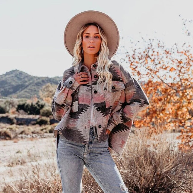 Beautiful Vintage Jacket Women Splicing Loose Jacket Denim Print Aztec Retro Ethnic Style Long Sleeved Shirt Streetwear Female Goth Coat