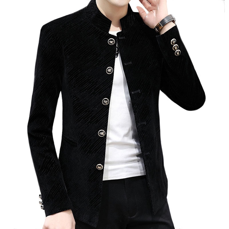 Men Velvet Tunic Suit Jacket Mandarin Stand Collar Striped Casual Blazers 2021 New Slim Fit Male Coat Outerwear