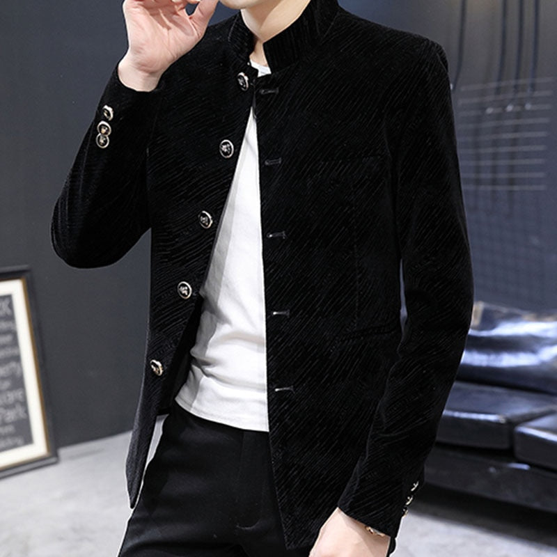 Men Velvet Tunic Suit Jacket Mandarin Stand Collar Striped Casual Blazers 2021 New Slim Fit Male Coat Outerwear