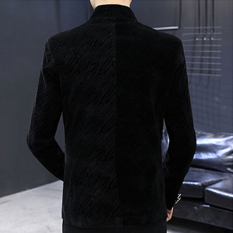 Men Velvet Tunic Suit Jacket Mandarin Stand Collar Striped Casual Blazers 2021 New Slim Fit Male Coat Outerwear