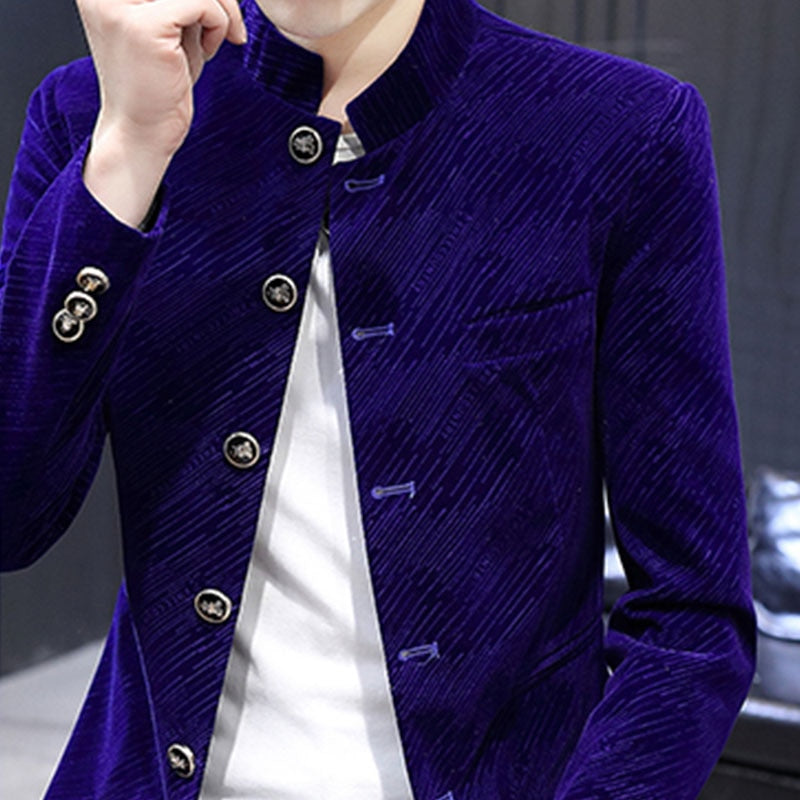 Men Velvet Tunic Suit Jacket Mandarin Stand Collar Striped Casual Blazers 2021 New Slim Fit Male Coat Outerwear